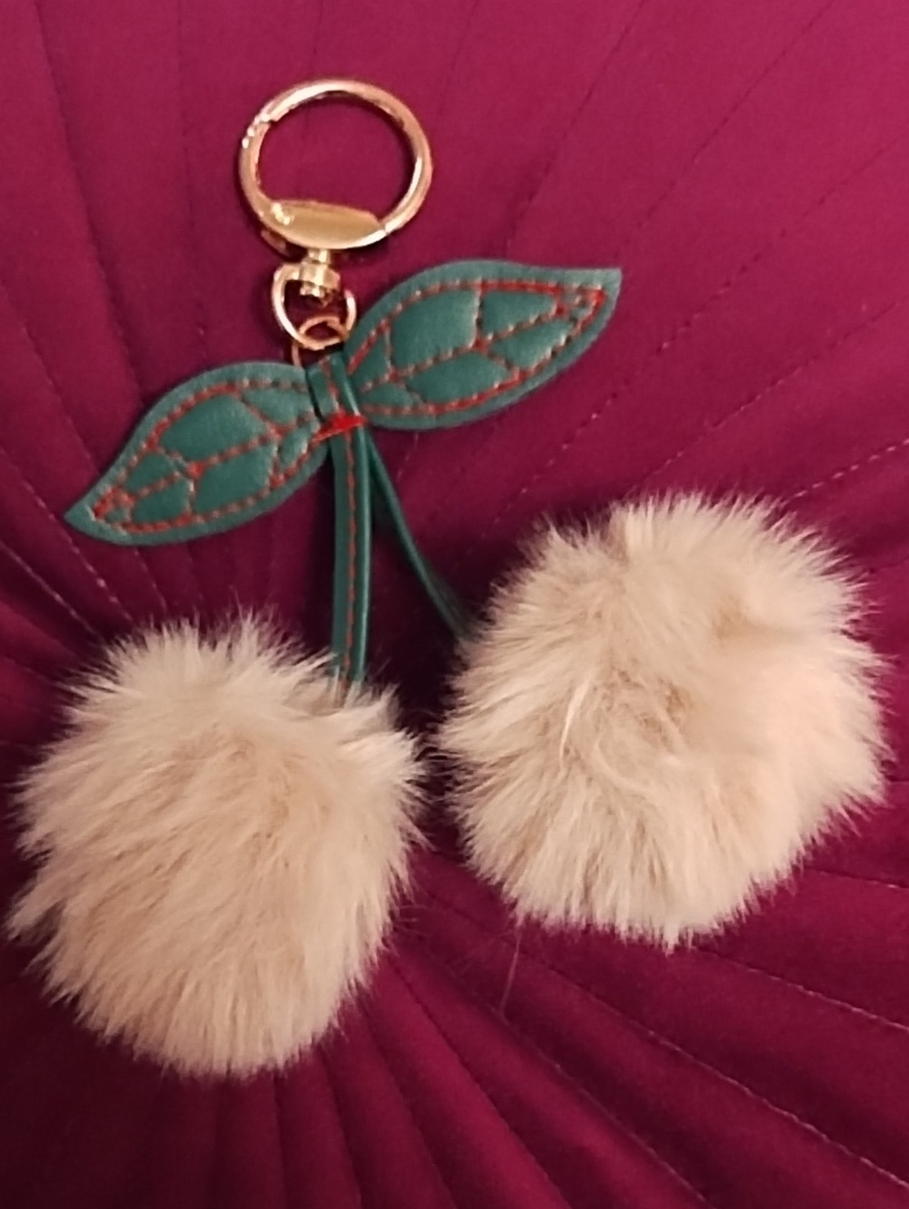 Faux Fur Cherry Pom Keychain with Green Leaf Accent